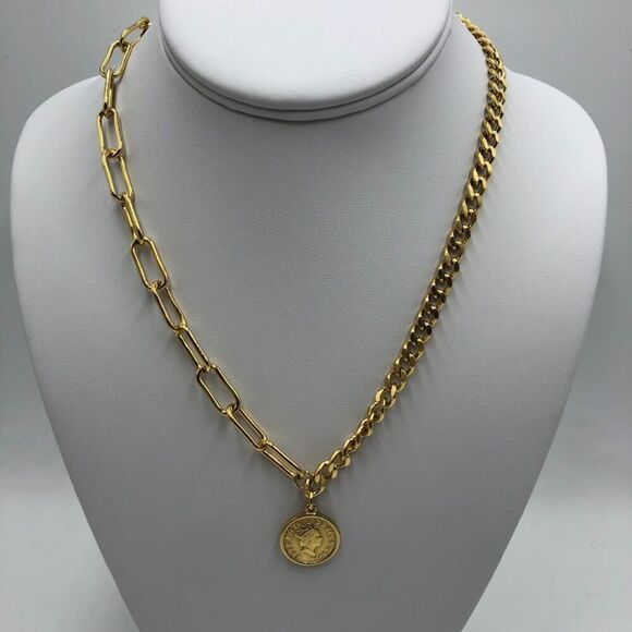 18K Gold Plated Women's Queen Elizabeth Crown Coin Necklace Waterproof Chunky - Picture 4 of 13